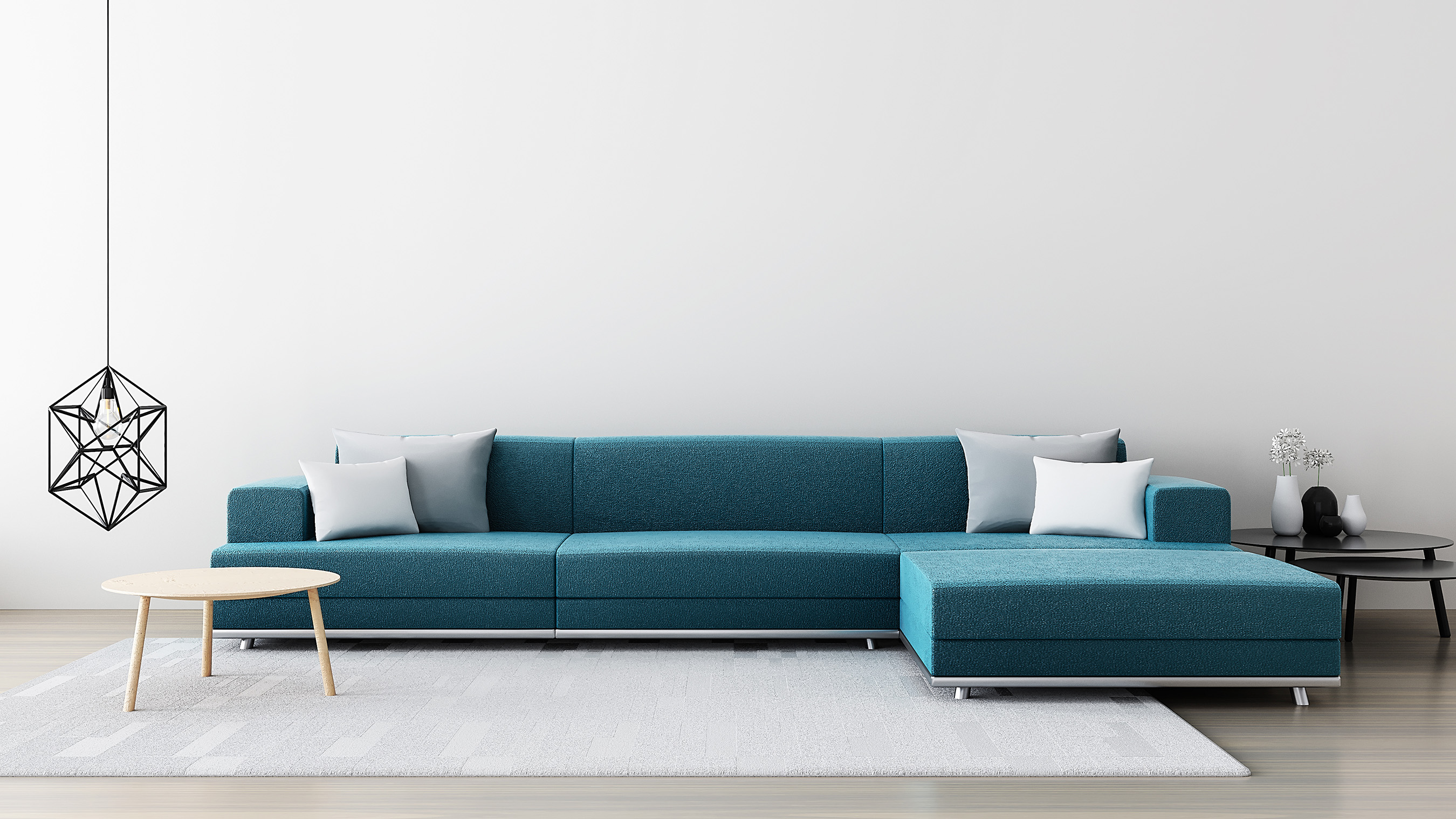 blue couch in a large living room
